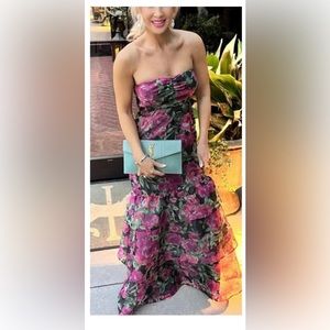 Fleur of Dreams Green and Pink Floral Print Organza Maxi Dress L